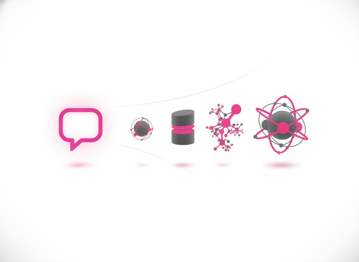 Visualisierung vom einfachen Chat-Symbol hin zum autonomen, vernetzten KI-Agenten — der Sprung von Chatbot zu agentischer KI